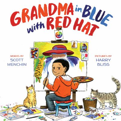 Grandma in blue with red hat /